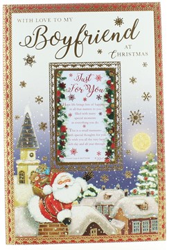 Boyfriend Christmas Card - Santa Delivering Gifts to Village with Glitter 9 x 6 Boyfriend Christmas Card - Santa Delivering Gifts to Village with Glitter 9 x 6