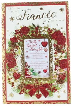 Fiancee Christmas Card - Wreath with Red Roses & Hearts with Glitter & Foil 9x6"