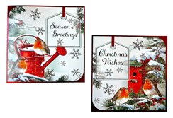 Pack of 12 Scenic Square Christmas Cards - Robins and Holly with Red Foil