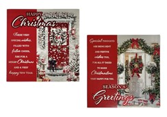 Pack of 12 Square Scenic Christmas Cards - Wreaths on Front Doors with Red Foil