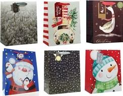 Set of 6 Large Christmas Gift Bags with Ribbon Handle & Tag Mixed Designs - A