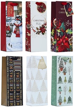 Set of 6 Christmas Wine Bottle Gift Bags with Tags - Mixed Christmas Design