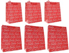 Set of 6 Christmas Gift Bags with Handle & Tag - Red Silver Glitter From Santa