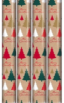 20m (4x5m) Christmas Gift Wrapping Paper - Brown with Red Gold White Green Trees