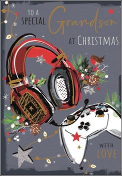 Jonny Javelin Grandson Christmas Card - Headphones & Controller Gold Foil 9x6.25