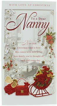 Nanny Christmas Card - Red Glitter Sleigh & Bag with Xmas Flowers 9x4.75" Nanny Christmas Card - Red Glitter Sleigh & Bag with Xmas Flowers 9x4.75"