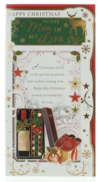 Man In My Life Christmas Card - Wine Chocolate Slippers with Gold Foil 9x4.7