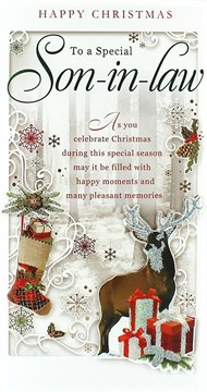 Son-in-Law Christmas Card - Traditional Reindeer, Stocking & Presents 9" x 4.75"