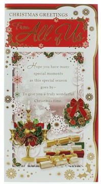 From All Of Us Christmas Card - Xmas candelabra Crackers & Foil 9" x 4.75" From All Of Us Christmas Card - Xmas candelabra Crackers & Foil 9" x 4.75"