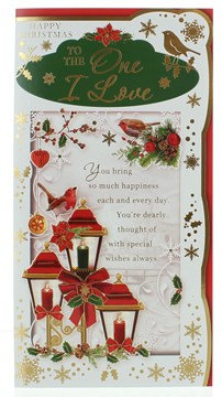 One I Love Christmas Card - Red  Lanterns Robins & Gold Foil 9x4.25"