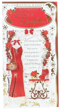 Like A Daughter Christmas Card -Red Dress Poinsettia Bag & Heel with Foil 9x4.5" Like A Daughter Christmas Card -Red Dress Poinsettia Bag & Heel with Foil 9x4.5"