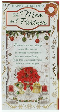 Mam & Partner Christmas Card - Poinsettia Plant Gifts Candles & Foil   9"x4.75"