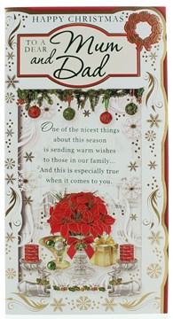 Mum & Dad Christmas Card - Poinsettia Candles Gift Baubles & Foil Detail 9"x4.75 Mum & Dad Christmas Card - Poinsettia Candles Gift Baubles & Foil Detail 9"x4.75