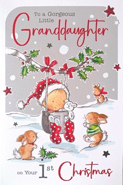 Jonny Javelin Granddaughter's 1st Christmas Card -Baby in Tree Swing Glitter 9x6