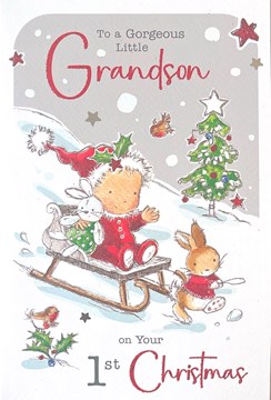 Jonny Javelin Grandson's First Christmas Card - Baby on Sledge Glitter Foil 9x6 Jonny Javelin Grandson's First Christmas Card - Baby on Sledge Glitter Foil 9x6
