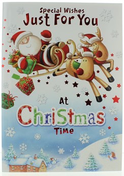 Open Christmas Card Cute Santa on Sleigh with Glitter and Red Foil 9.75x6.75" Open Christmas Card Cute Santa on Sleigh with Glitter and Red Foil 9.75x6.75"