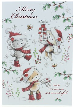 Open Christmas Card - Kittens in Santa Hats with Red Wellies & Glitter 7.5x5.25"