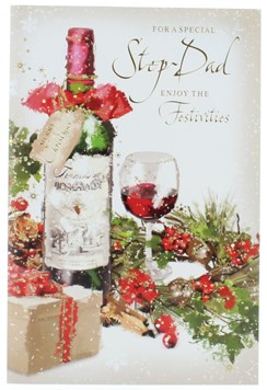 Stepdad Christmas Card - Bottle of Red Wine & Gift with Glitter & Foil 9" x 6" Stepdad Christmas Card - Bottle of Red Wine & Gift with Glitter & Foil 9" x 6"