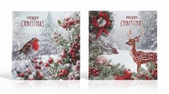Pack of 12 Square Scenic Christmas Cards - Robin & Deer in Snow with Glitter