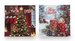 Pack of 12 Square Christmas Cards - Xmas Tree Stockings Candles in Snow Glitter