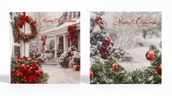 Pack of 12 Square Scenic Christmas Cards - Red Baubles on Wreath & Tree in Snow