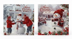 Pack of 12 Scenic Square Christmas Cards - Boys Building Snowman with Glitter