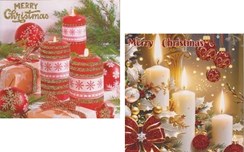 Pack of 12 Square Christmas Cards - Baubles Holly and Candles Red Gold Glitter