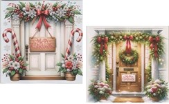 Pack of 12 Square Christmas Cards - Wreath & Garland on Front Door with Glitter