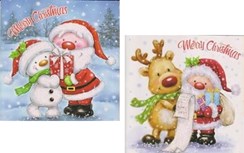 Pack of 12 Square Cute Christmas Cards - Santa with Rudolph and Snowman Glitter