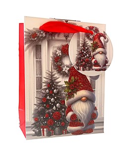 Small Christmas Gift Bag - Santa Gonk Xmas Tree at Door Red Glitter 6.5x4.75"
