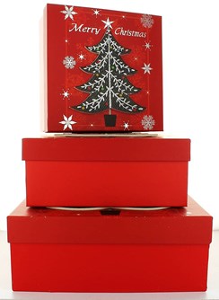 Set Of 3 Large Christmas Square Nested Gift Boxes - Modern Red & Black Xmas Tree