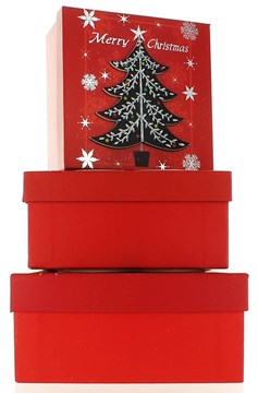 Set Of 3 Medium Christmas Square Nested Gift Boxes - Modern Red Black Xmas Tree