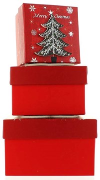 Set Of 3 Small Christmas Square Nested Gift Boxes - Modern Red & Black Xmas Tree