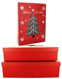 Set Of 3 Shirt Christmas Oblong Nested Gift Boxes - Modern Red & Black Xmas Tree