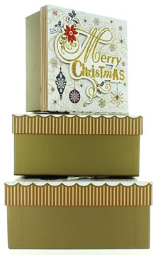Set Of 3 Medium Christmas Square Nested Gift Boxes - Modern Gold Xmas Snowflakes