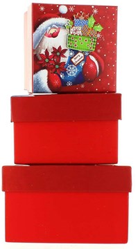 Set Of 3 Small Christmas Square Nested Gift Boxes - Cute Santa Claus & Stocking