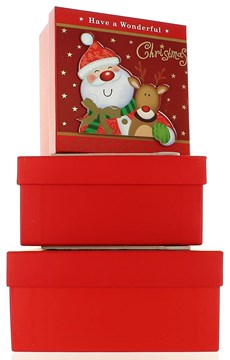 Set Of 3 Medium Christmas Square Nested Gift Boxes - Cute Santa Claus & Reindeer