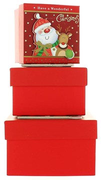 Set Of 3 Small Christmas Square Nested Gift Boxes - Cute Santa Claus & Reindeer