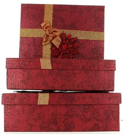 Set Of 3 Christmas Luxury Nested Shirt Gift Boxes - Deep Red Snowflake & Ribbon