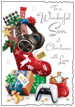 Jonny Javelin Son Christmas Card - Stocking Controller Glitter & Foil 9" x 6.25"