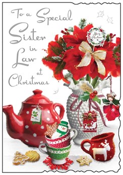 Jonny Javelin Sister-in-Law Christmas Card - Pot of Tea Mugs & Flowers 9 x 6.25"