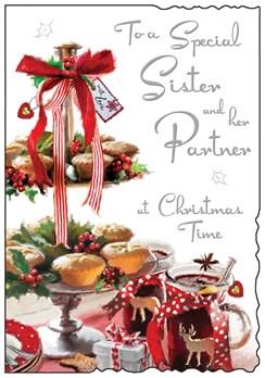 Jonny Javelin Sister & Partner Christmas Card - Mulled Wine Mince Pies 9"x6.25" Jonny Javelin Sister & Partner Christmas Card - Mulled Wine Mince Pies 9"x6.25"