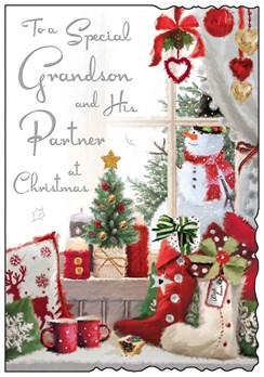 Jonny Javelin Grandson & Partner Christmas Card - Window Tree & Stocking 9x6.25"