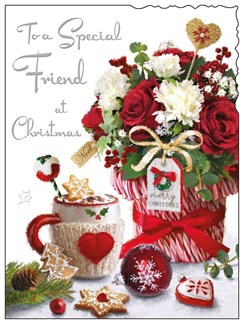 Jonny Javelin Special Friend Christmas Card - Roses & Hot Chocolate 7.5x5.25"