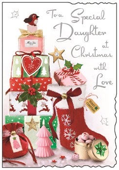 Jonny Javelin Daughter Christmas Card - Stocking & Presents Glitter Foil 9x6"