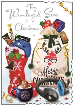 Jonny Javelin Son Christmas Card - Controller Headphones Stockings 9x6.25"