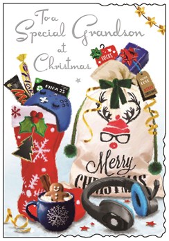 Jonny Javelin Grandson Christmas Card - Controller Headphones Stockings 9x6.25"
