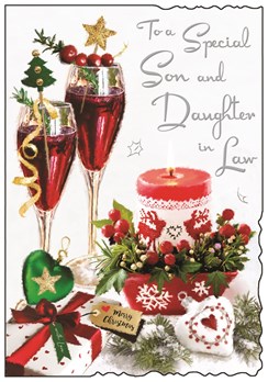 Jonny Javelin Son & Daughter-in-Law Christmas Card - Glasses & Candle 9x6.25"