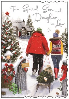 Jonny Javelin Son & Daughter-in-Law Christmas Card - Couple with Sledge 9x6.25"