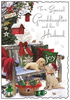 Jonny Javelin Granddaughter & Husband Christmas Card - Puppies on Bench 9x6.25"